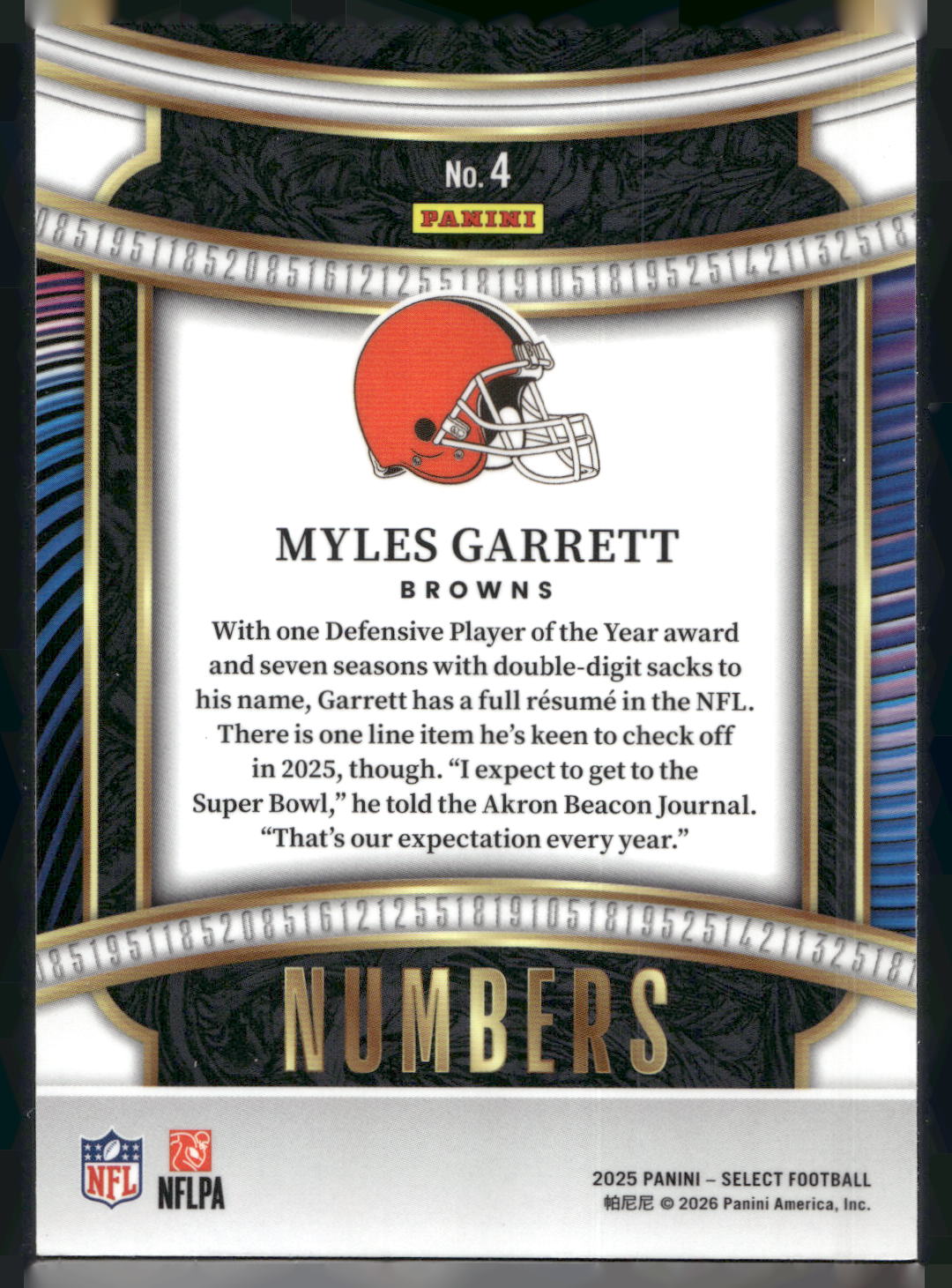 2025 Panini Select #4 Myles Garrett Select Numbers