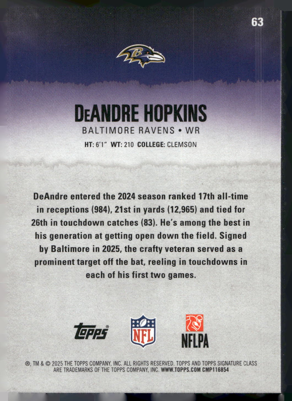 2025 Topps Signature Class #63 DeAndre Hopkins