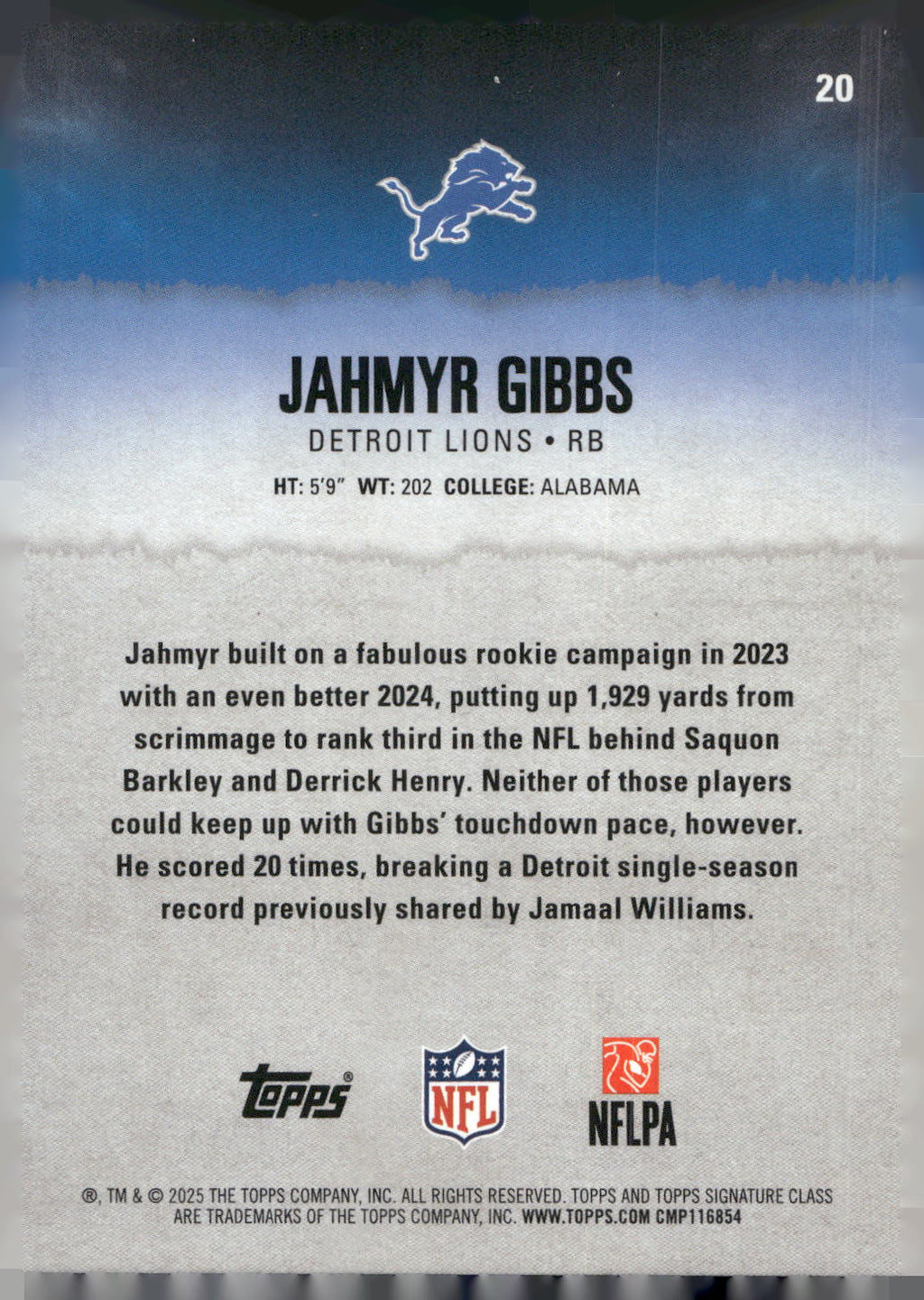 2025 Topps Signature Class #20 Jahmyr Gibbs