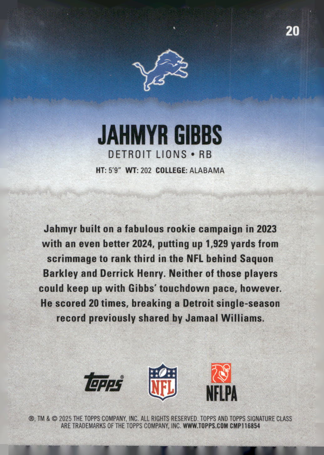 2025 Topps Signature Class #20 Jahmyr Gibbs