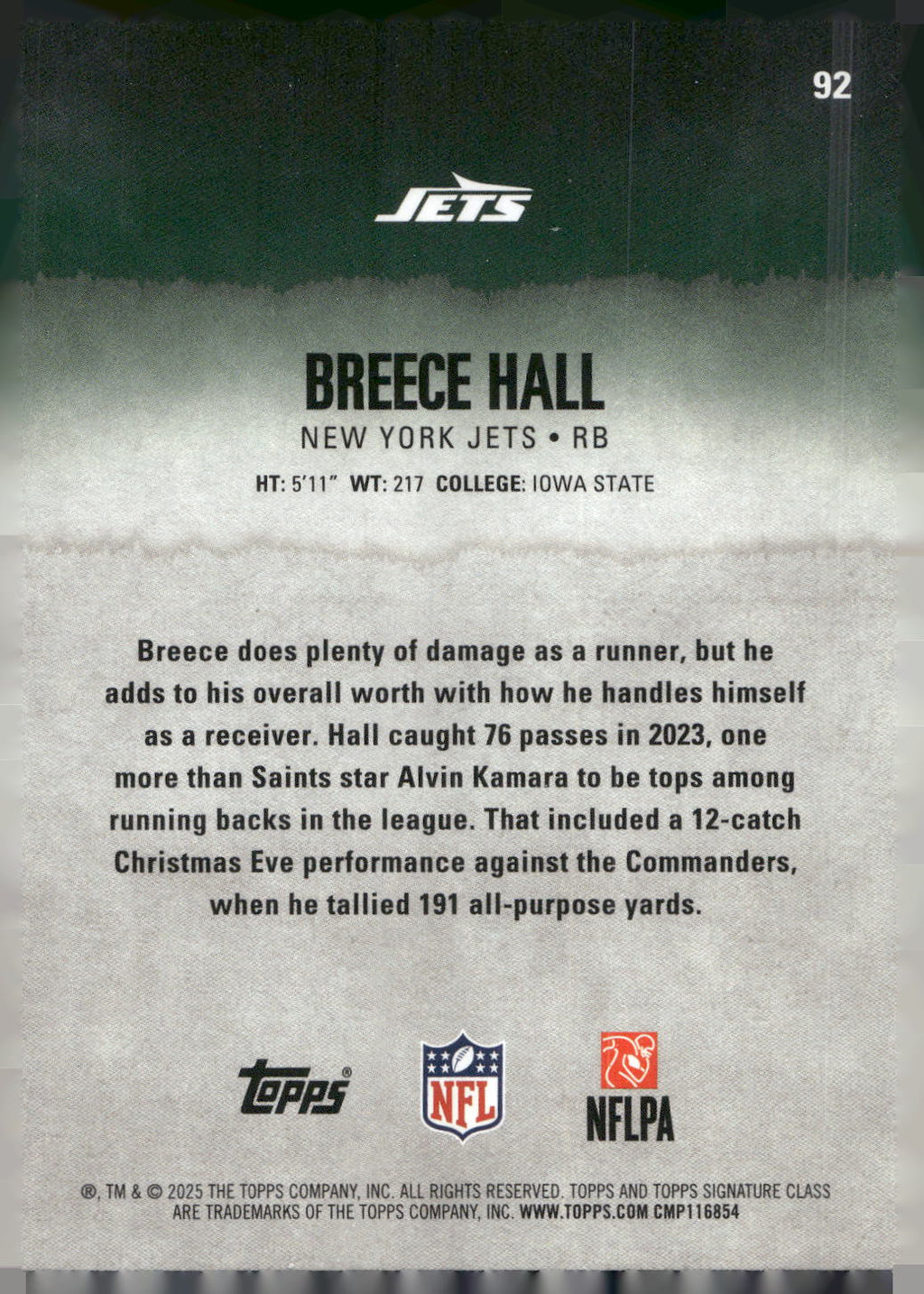 2025 Topps Signature Class #92 Breece Hall