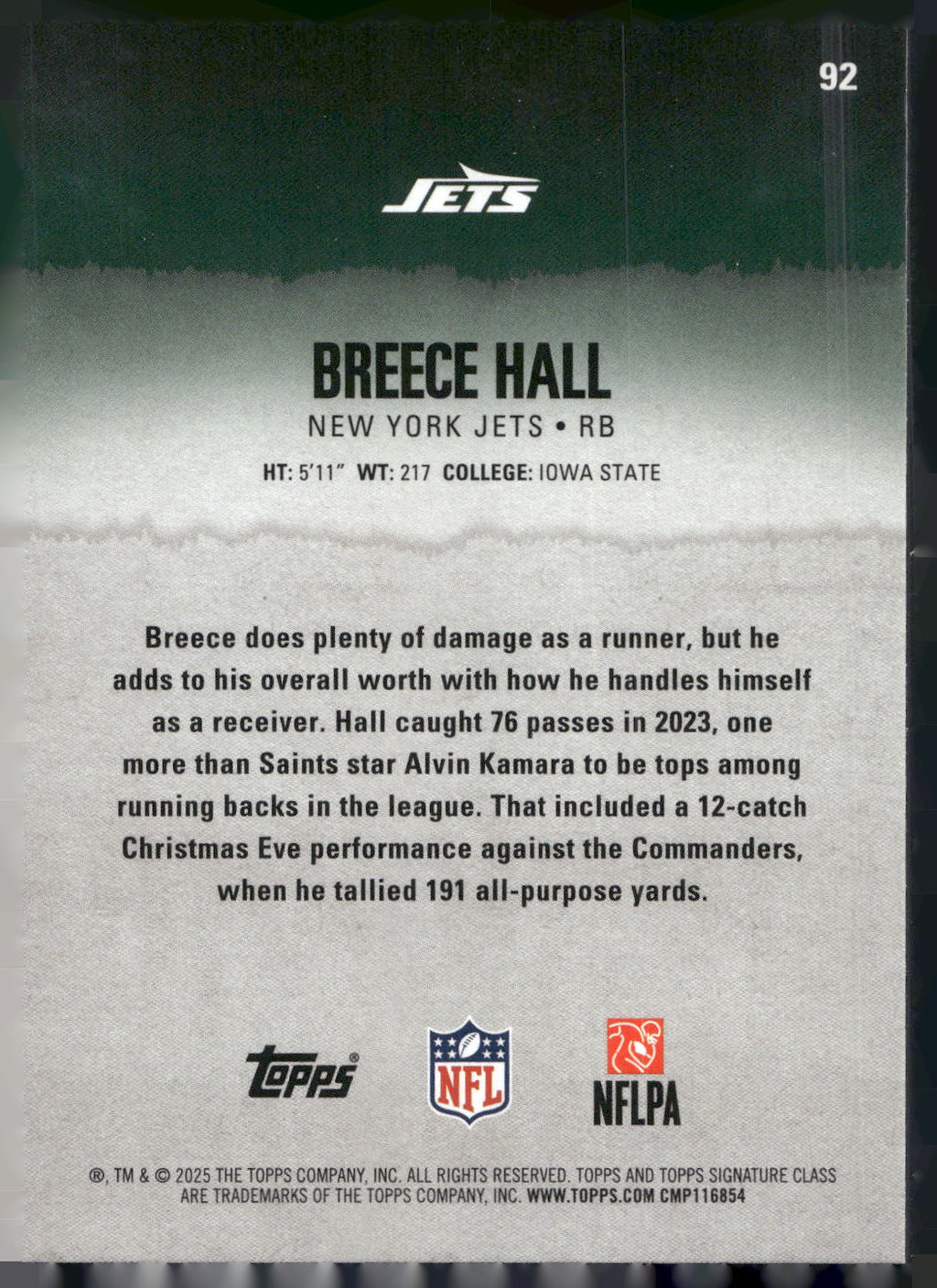 2025 Topps Signature Class #92 Breece Hall