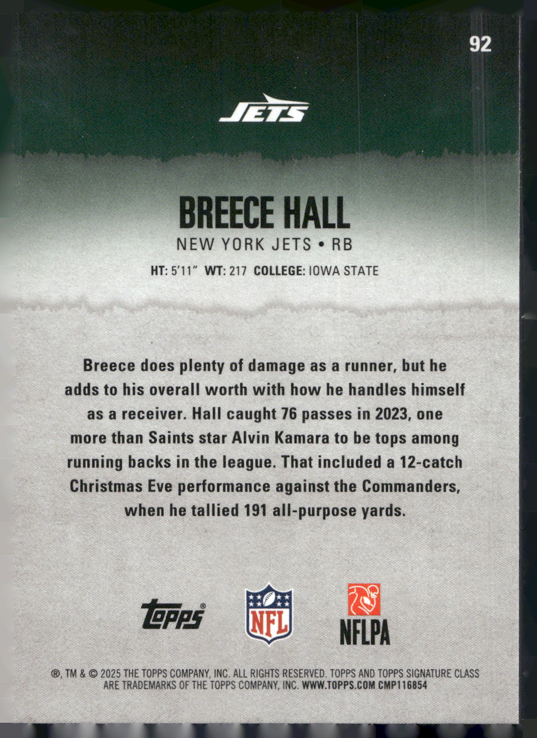 2025 Topps Signature Class #92 Breece Hall