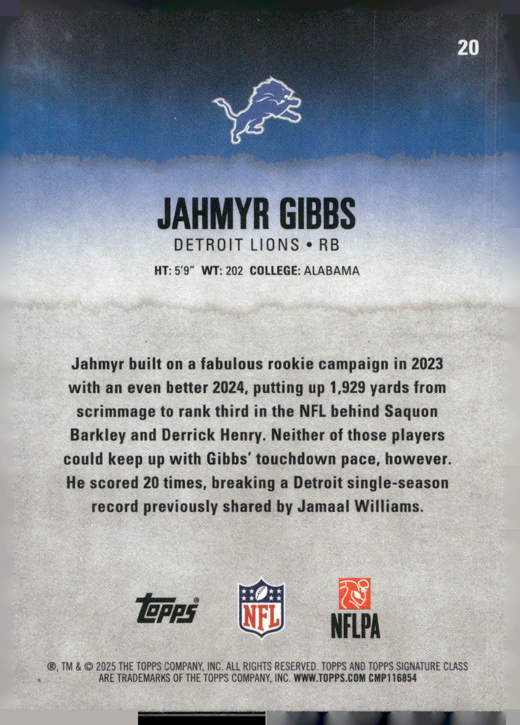 2025 Topps Signature Class #20 Jahmyr Gibbs