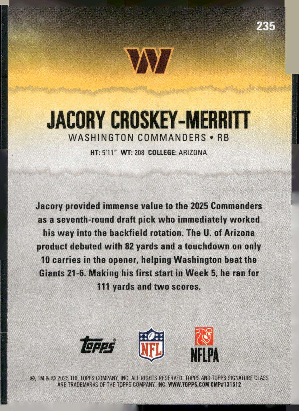 2025 Topps Signature Class #235 Jacory Croskey-Merritt Green & Purple