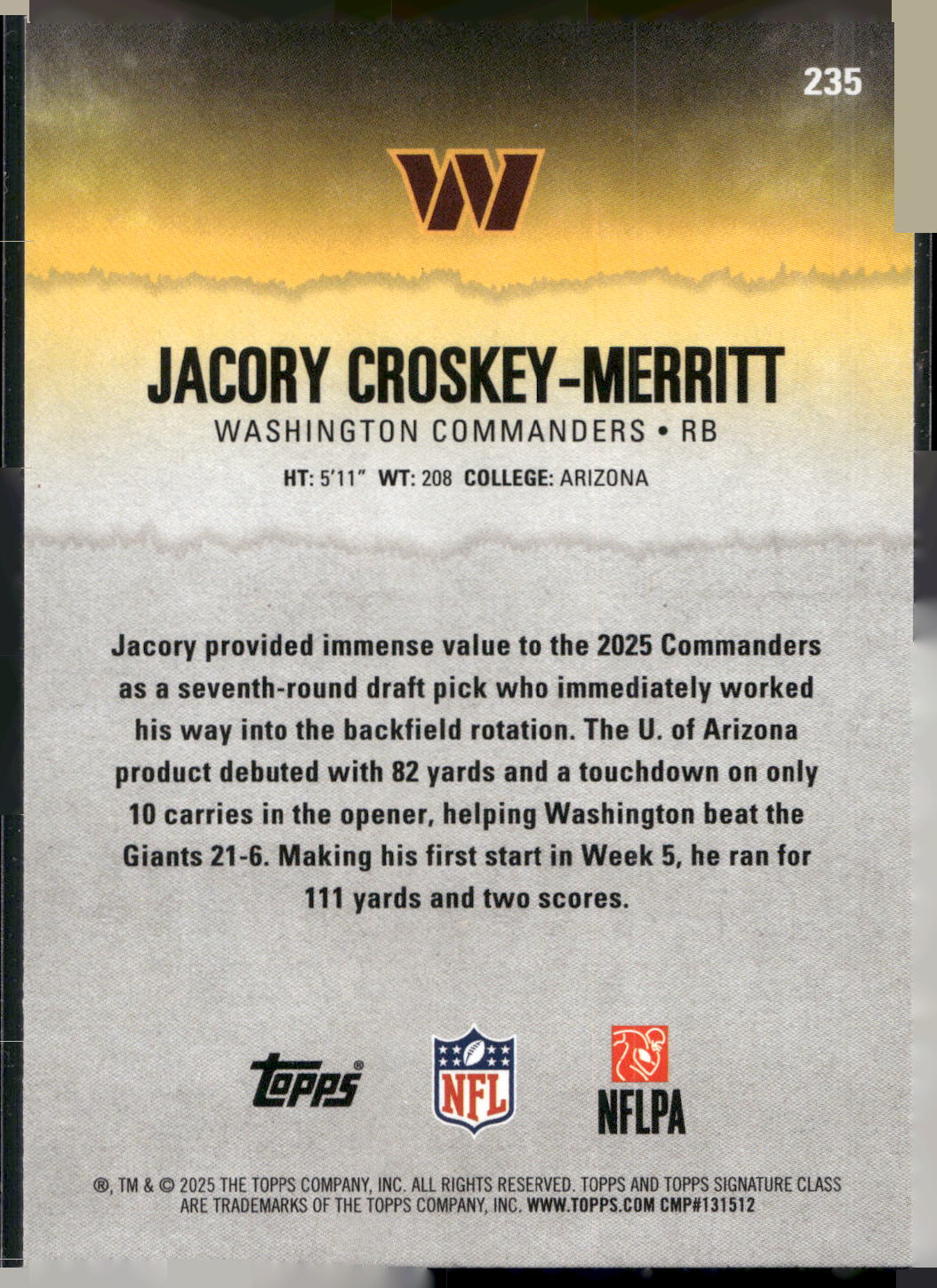 2025 Topps Signature Class #235 Jacory Croskey-Merritt Green & Purple