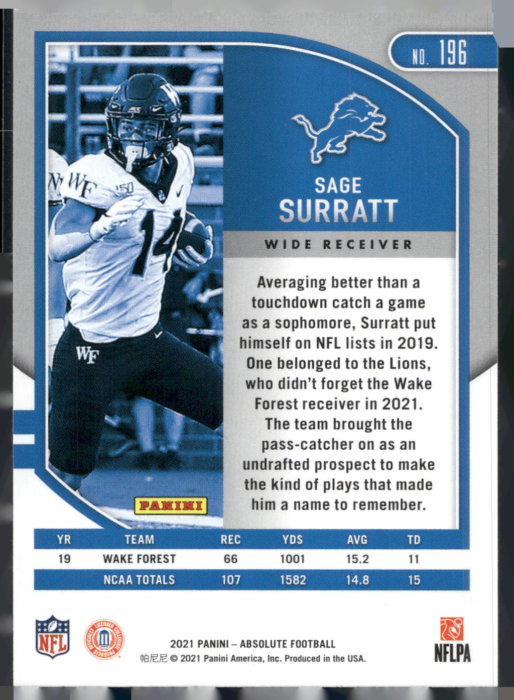 2021 Panini Absolute #196 Sage Surratt Retail