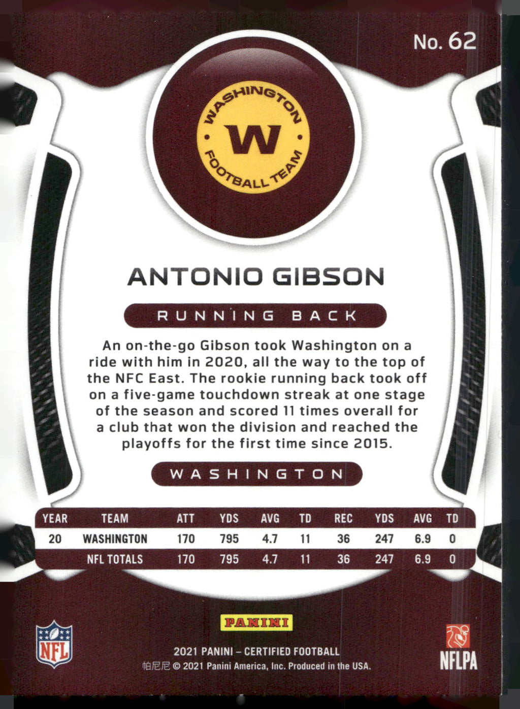 2021 Panini Certified #62 Antonio Gibson