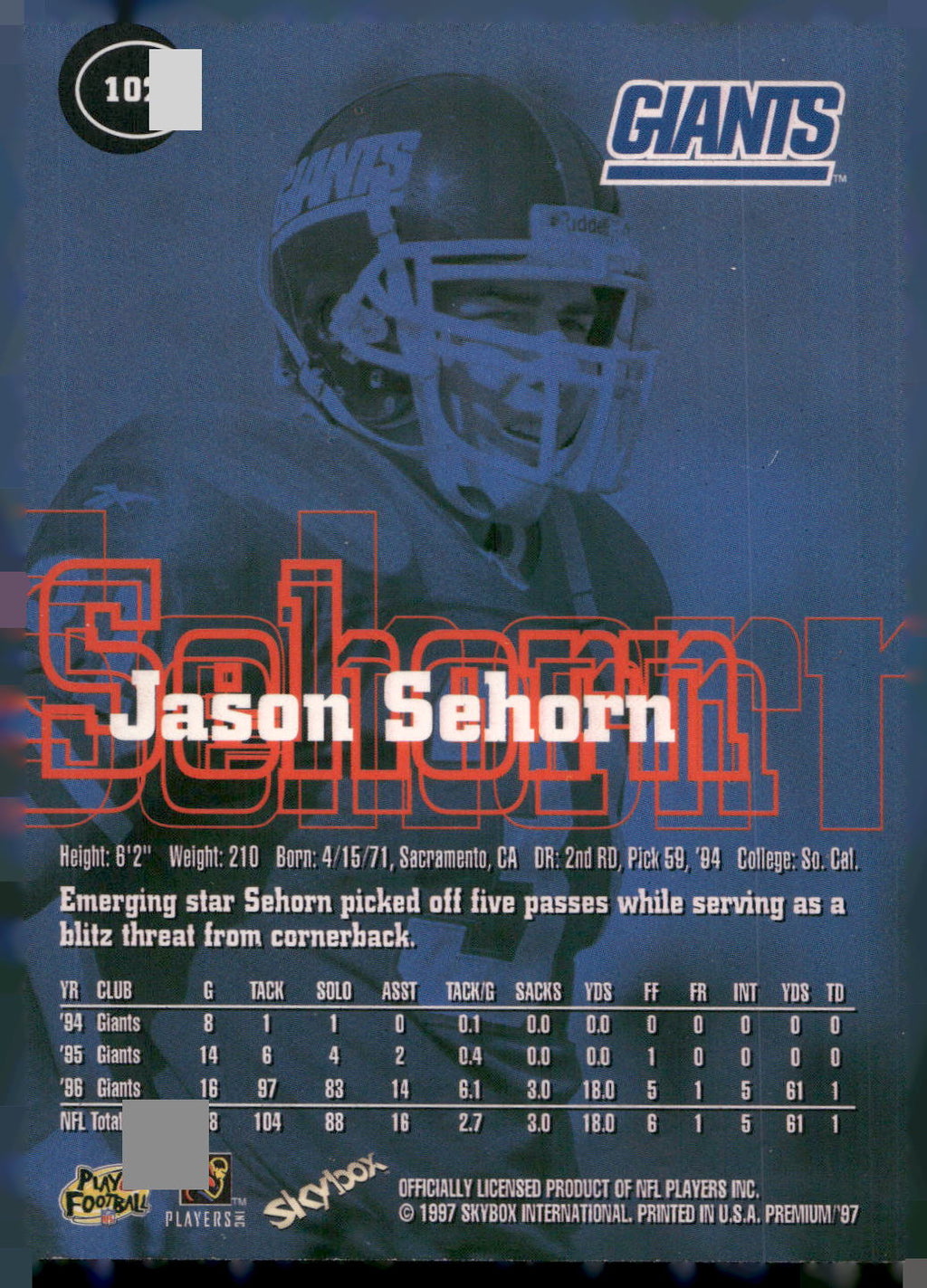 1997 SkyBox Premium #102 Jason Sehorn