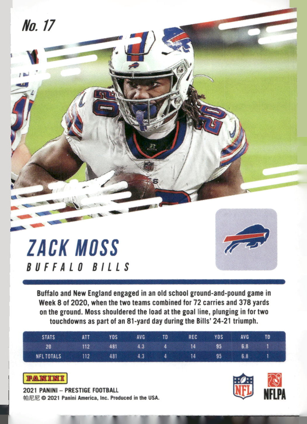 2021 Panini Prestige #17 Zack Moss