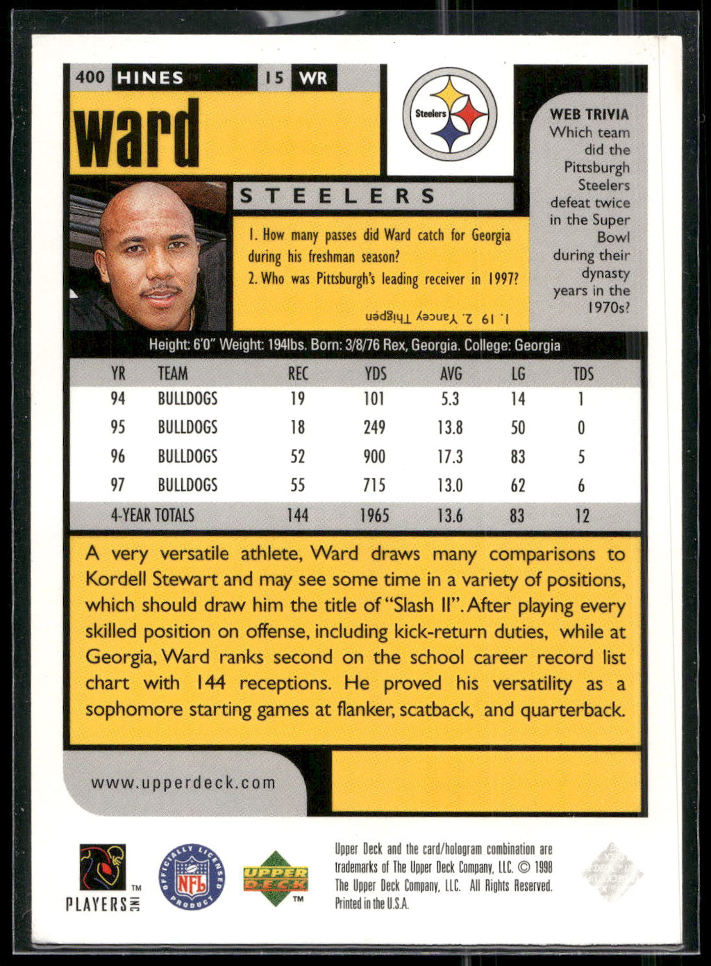 1998 UD Choice #400 Hines Ward