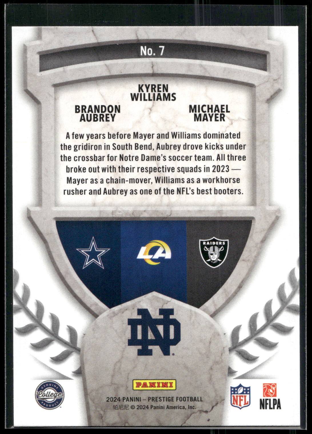 2024 Panini Prestige #7 Brandon Aubrey / Kyren Williams / Michael Mayer
