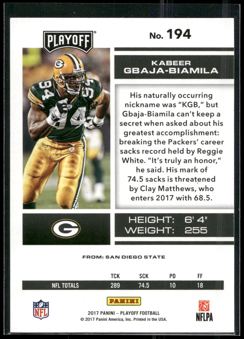 2017 Panini Playoff #194 Kabeer Gbaja-Biamila