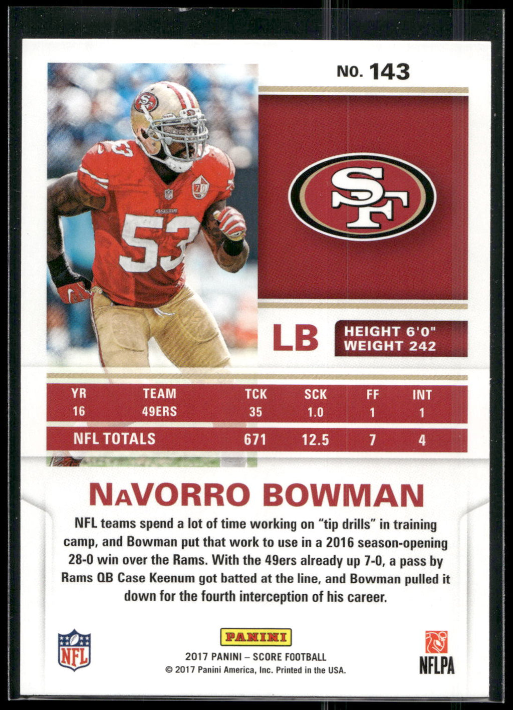 2017 Score #143 Navorro Bowman