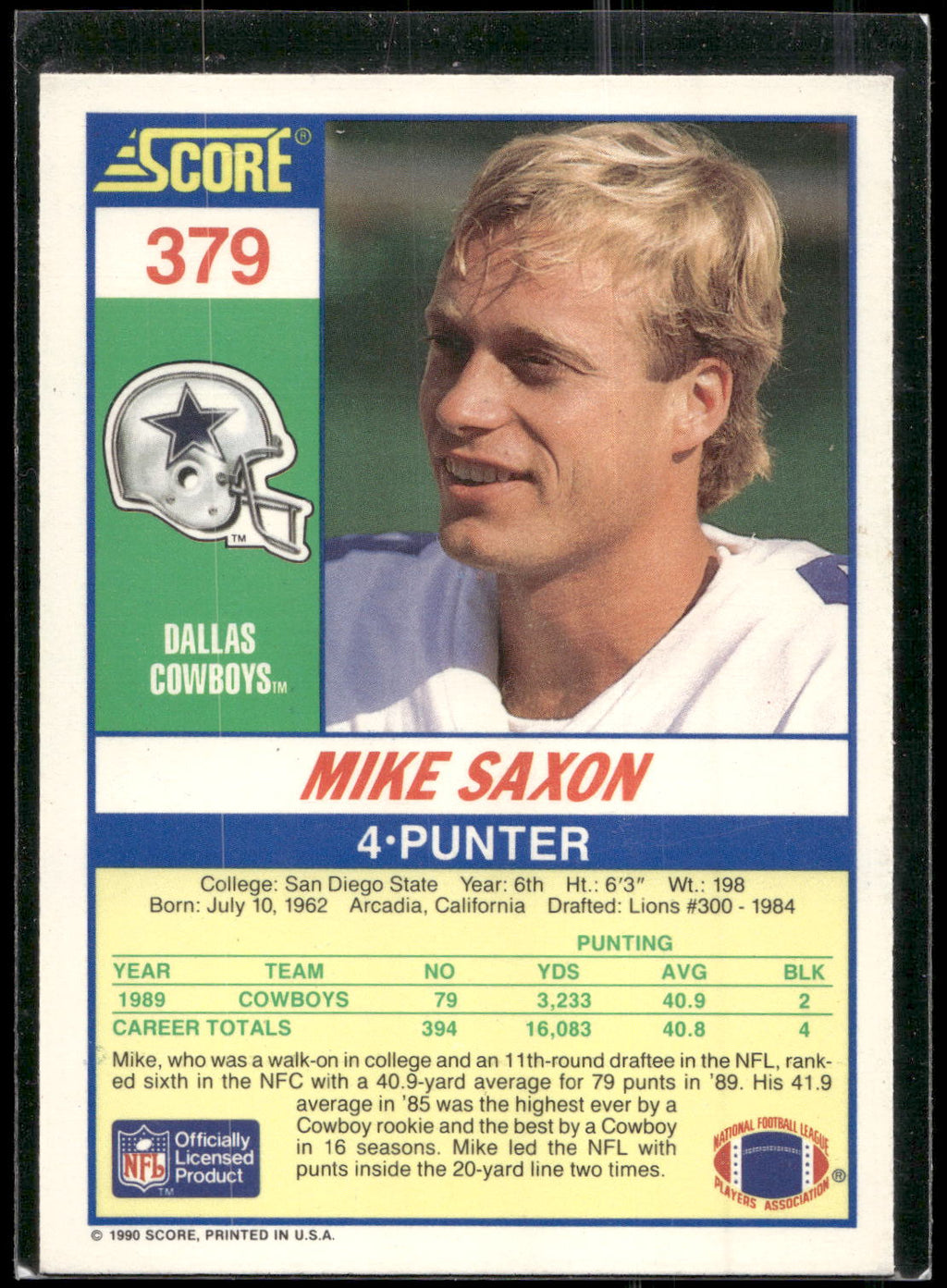 1990 Score #379 Mike Saxon