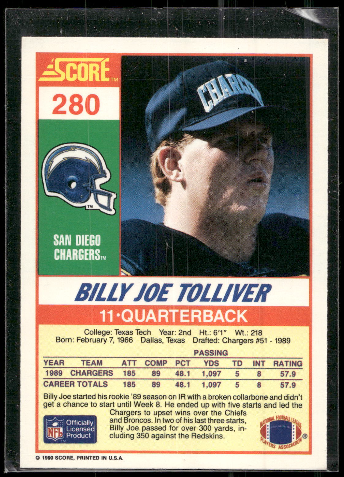 1990 Score #280 Billy Joe Tolliver