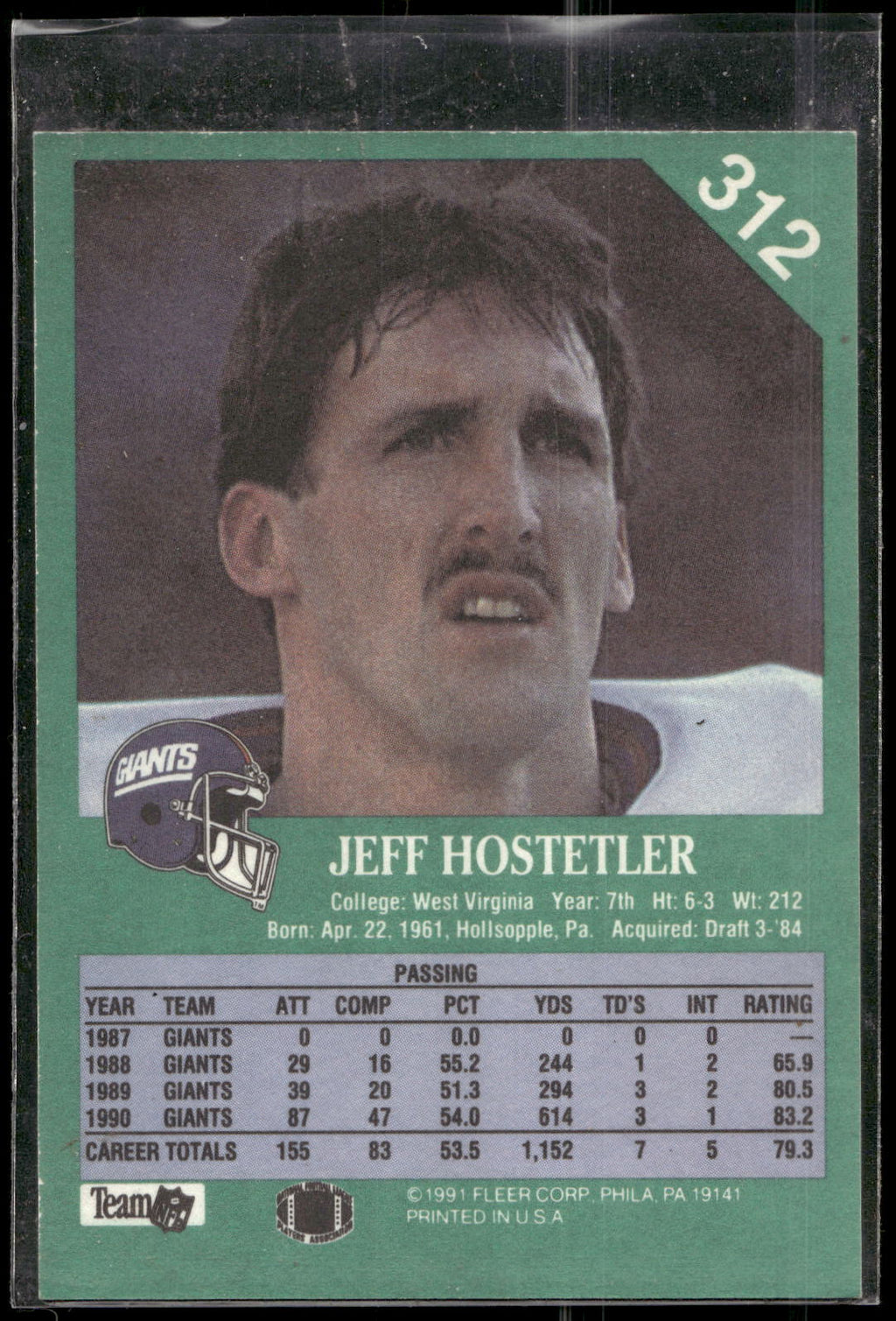 1991 Fleer #312 Jeff Hostetler