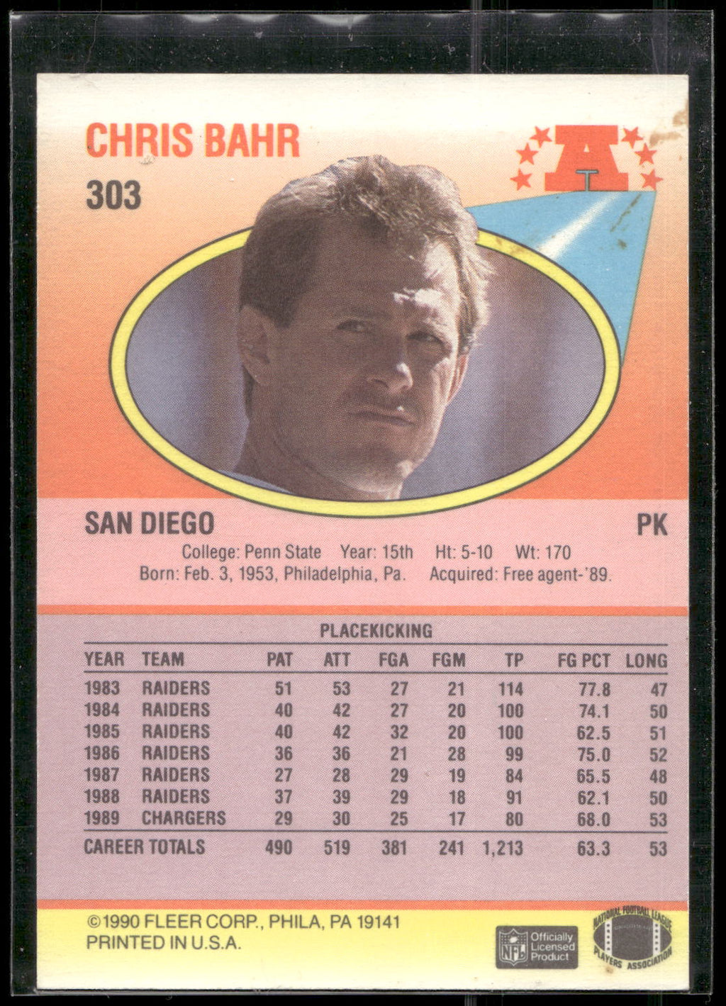 1990 Fleer #303 Chris Bahr