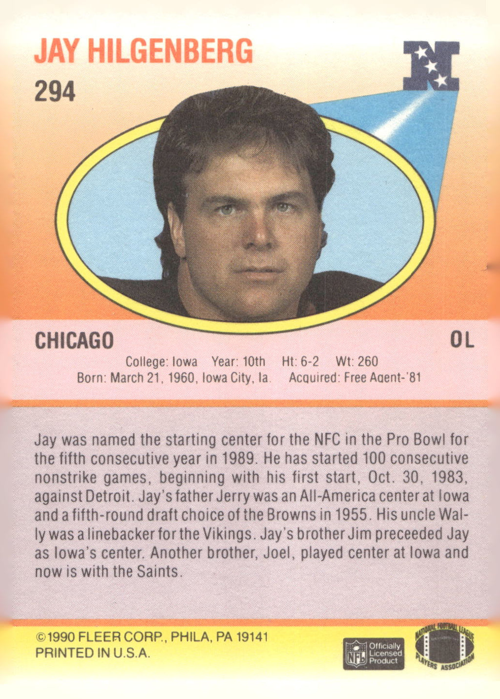 1990 Fleer #294 Jay Hilgenberg