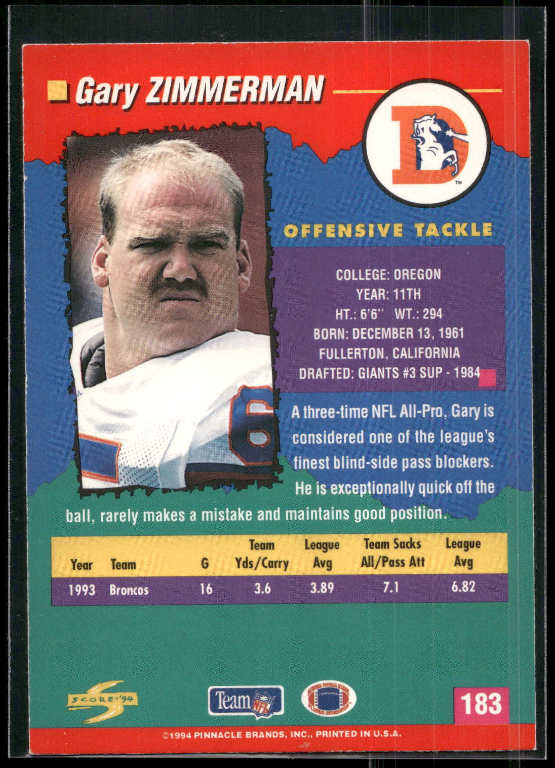 1994 Score #183 Gary Zimmerman