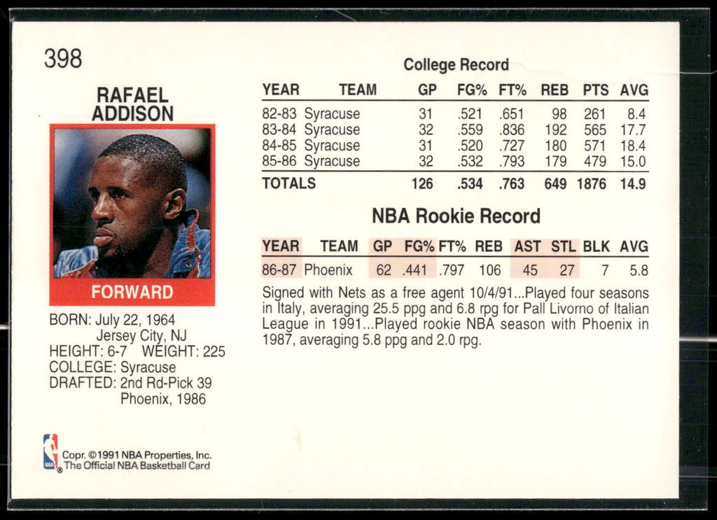 1991-92 Hoops #398 Rafael Addison
