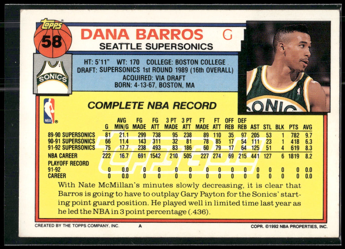 1992-93 Topps #58 Dana Barros Gold