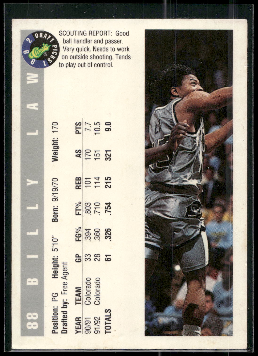 1992 Classic Draft Picks #88 Billy Law