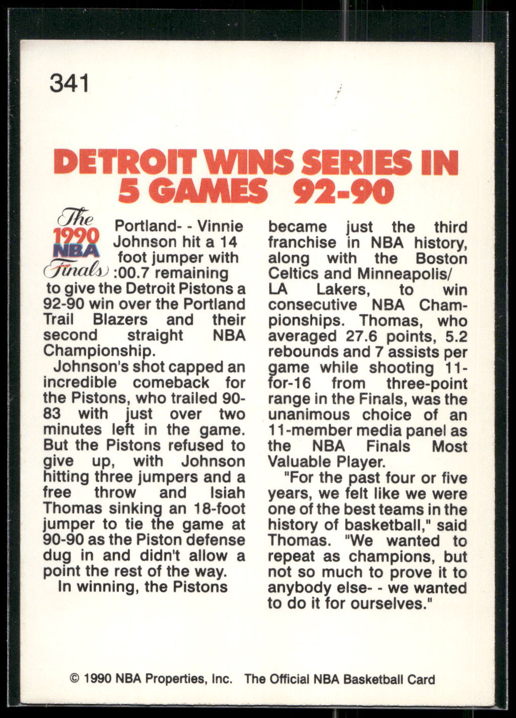 1990-91 Hoops #341b Pistons Win Second Straight NBA Championship! TRIB,