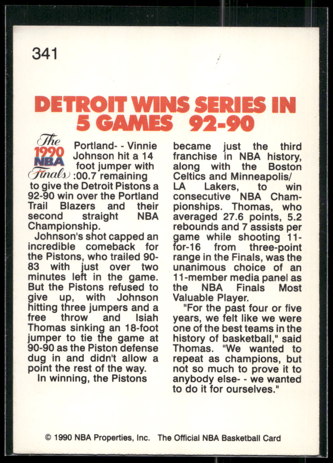 1990-91 Hoops #341b Pistons Win Second Straight NBA Championship! TRIB,