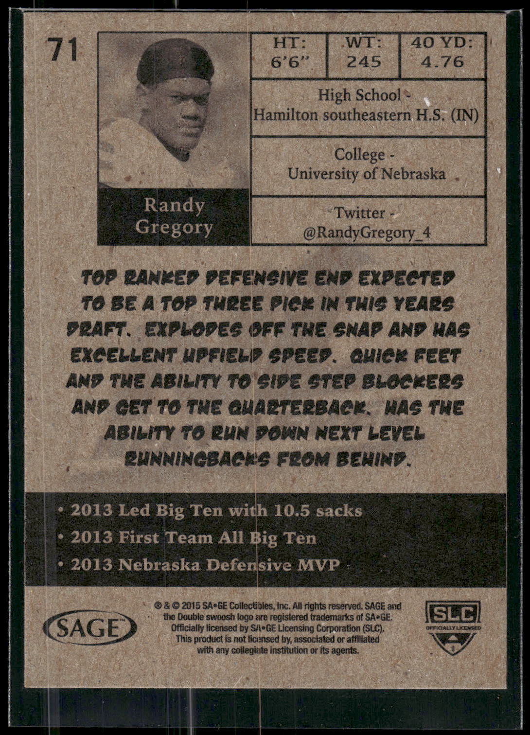 2015 SAGE HIT #71 Randy Gregory