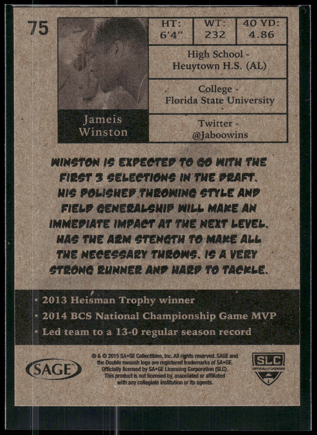 2015 SAGE HIT #75 Jameis Winston