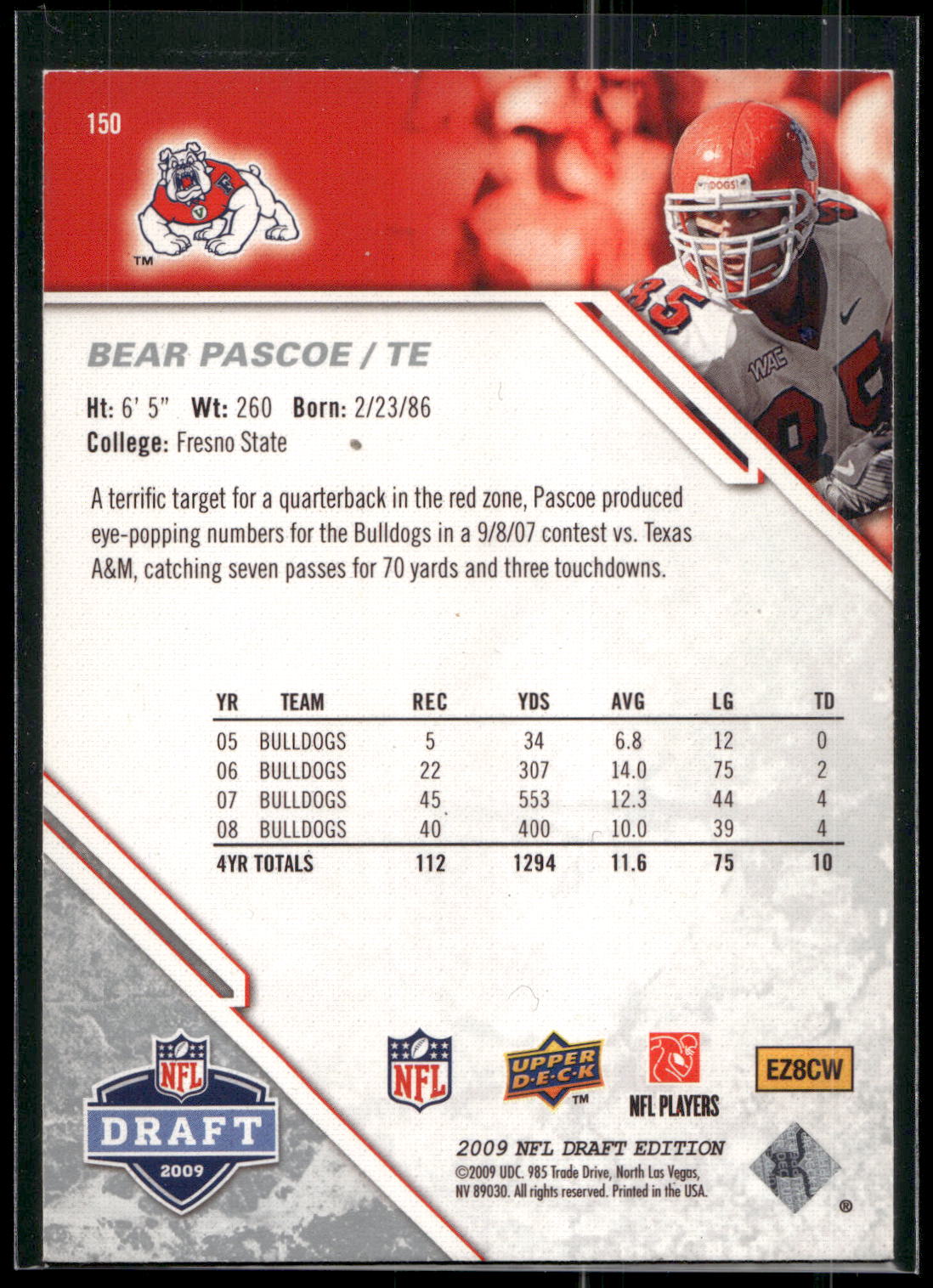 2009 Upper Deck Draft Edition #150 Bear Pascoe