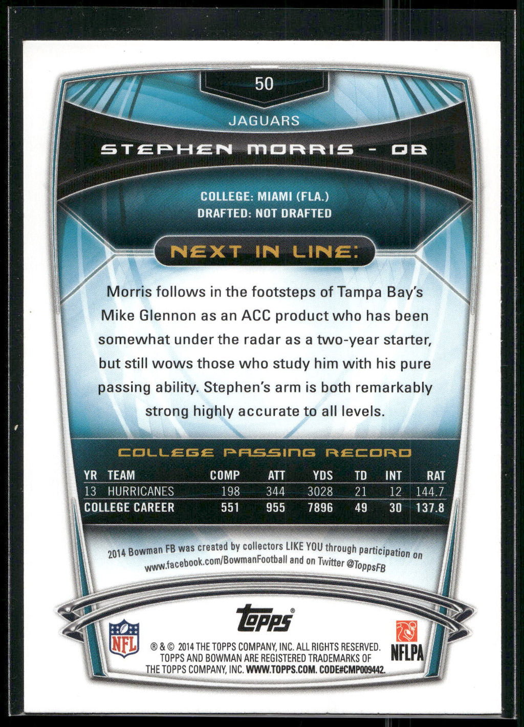 2014 Bowman #50 Stephen Morris Rookies