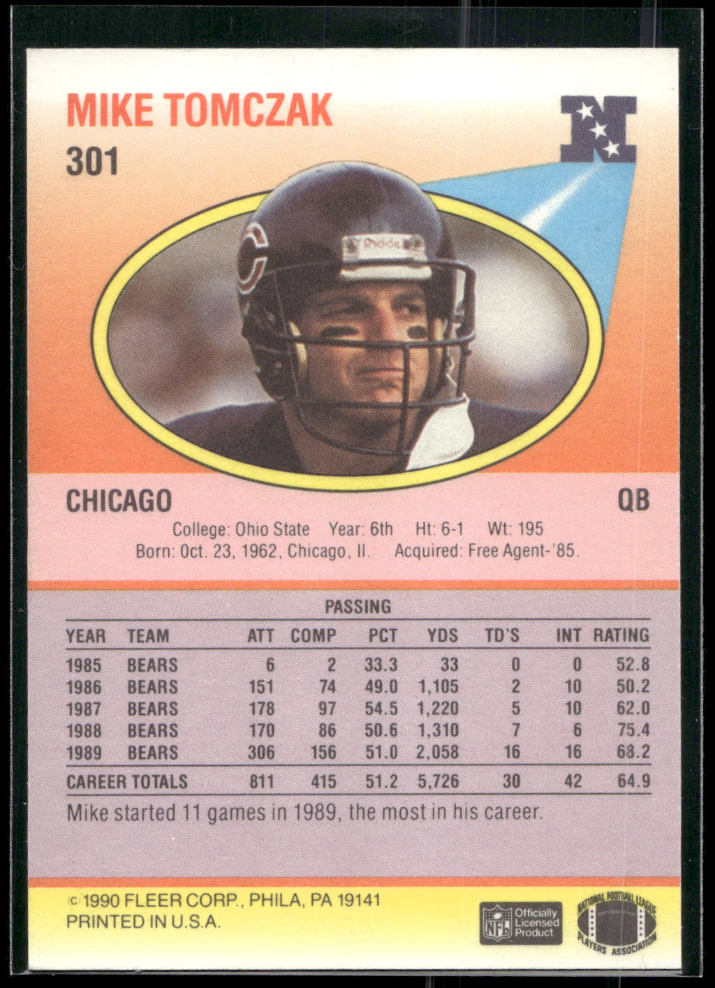 1990 Fleer #301 Mike Tomczak
