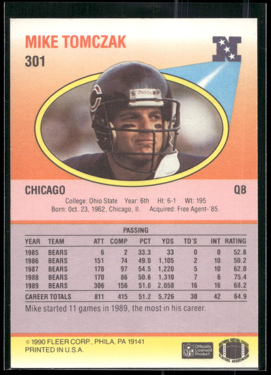 1990 Fleer #301 Mike Tomczak