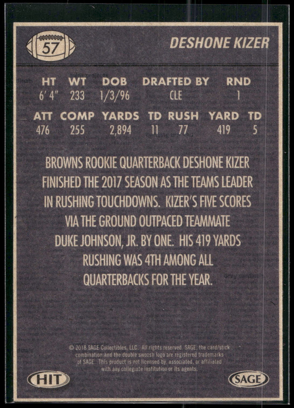 2018 SAGE HIT #57 DeShone Kizer