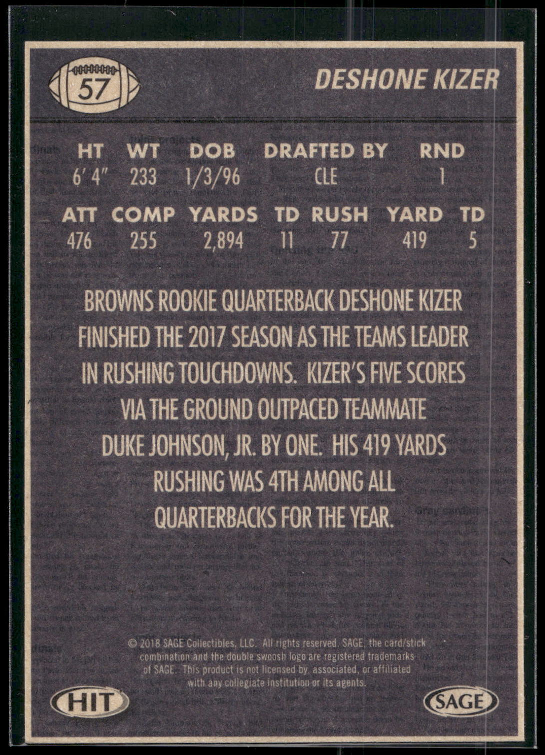 2018 SAGE HIT #57 DeShone Kizer