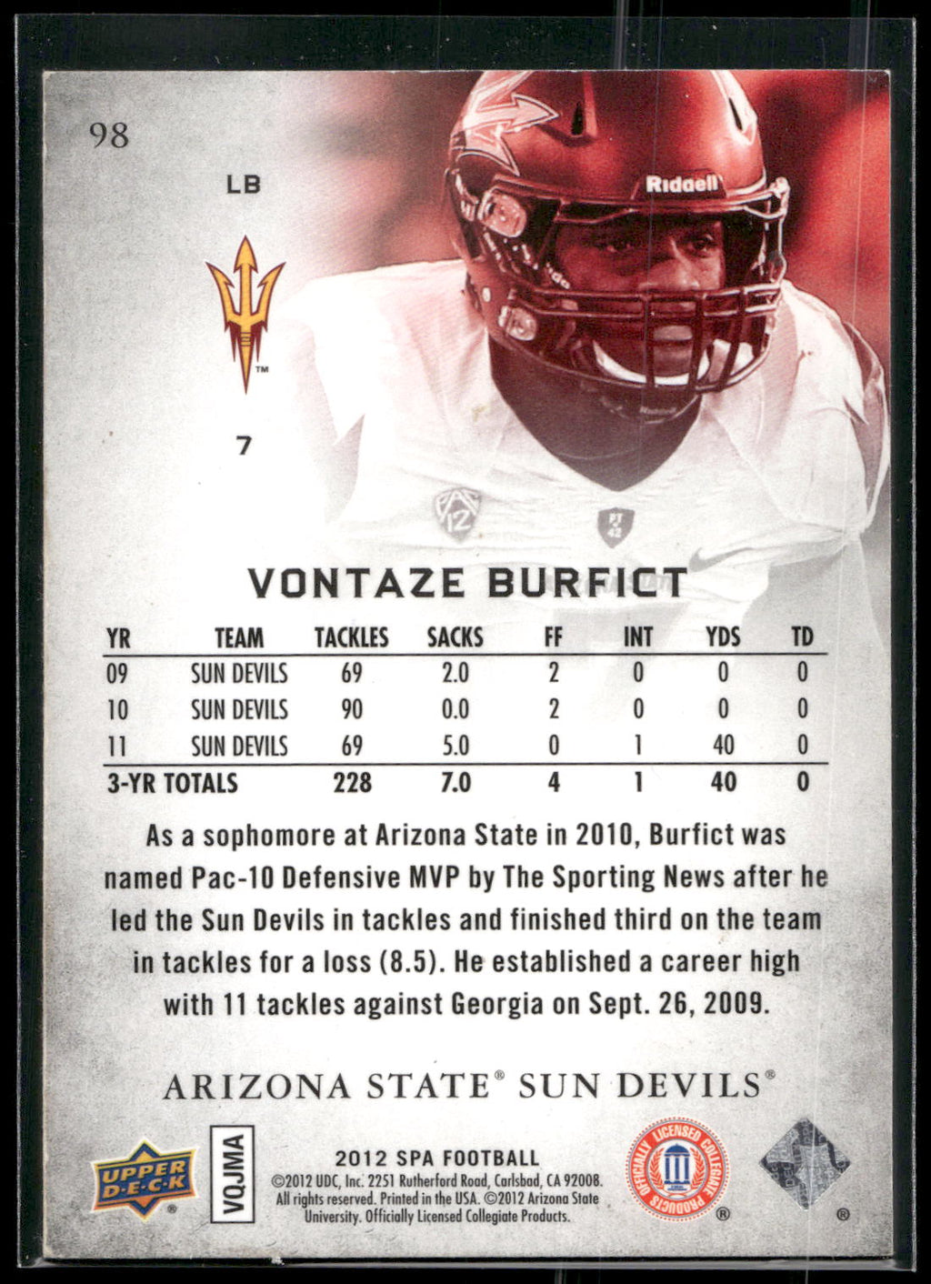 2012 SP Authentic #98 Vontaze Burfict