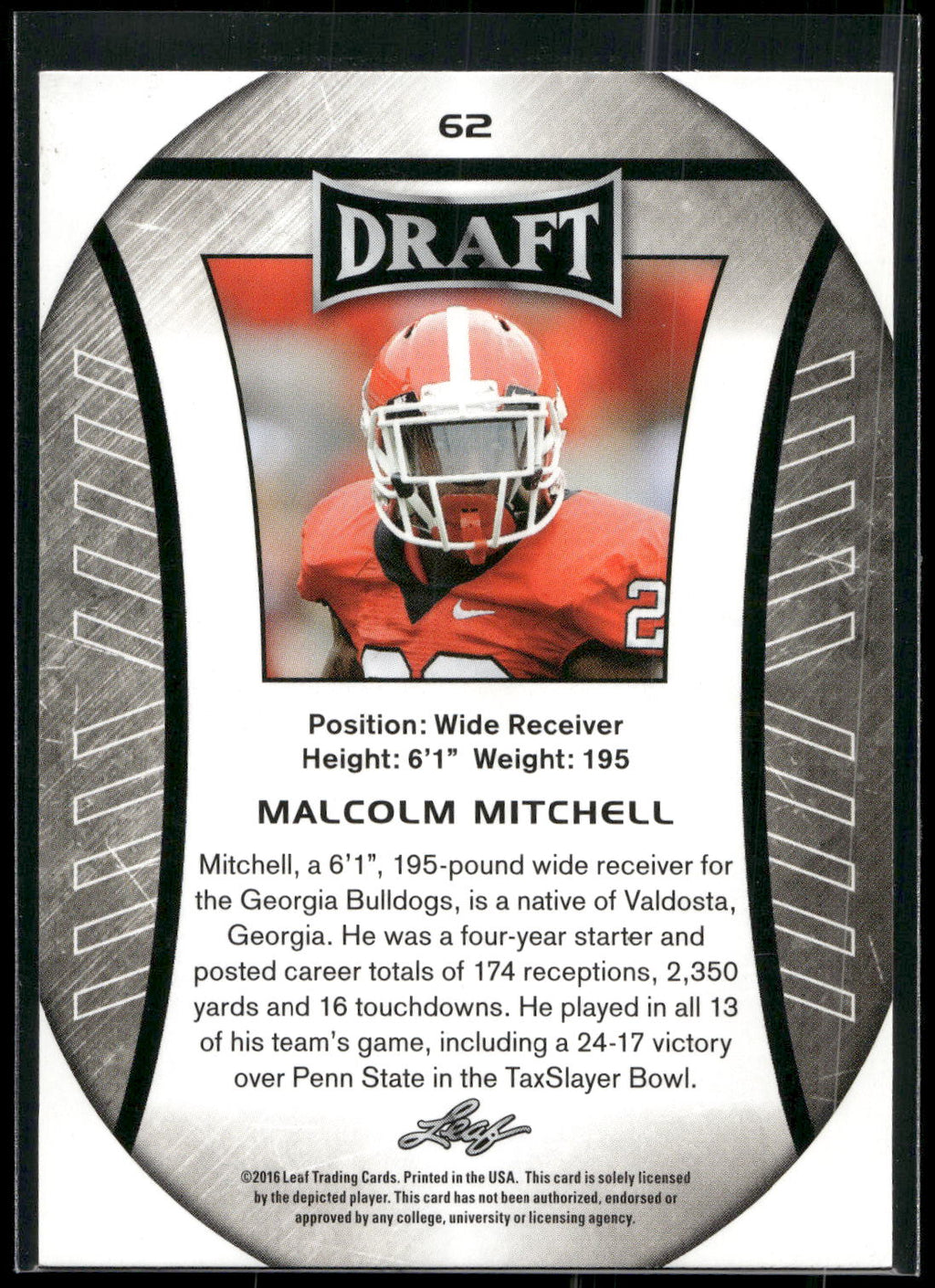 2016 Leaf Draft #62 Malcolm Mitchell Gold