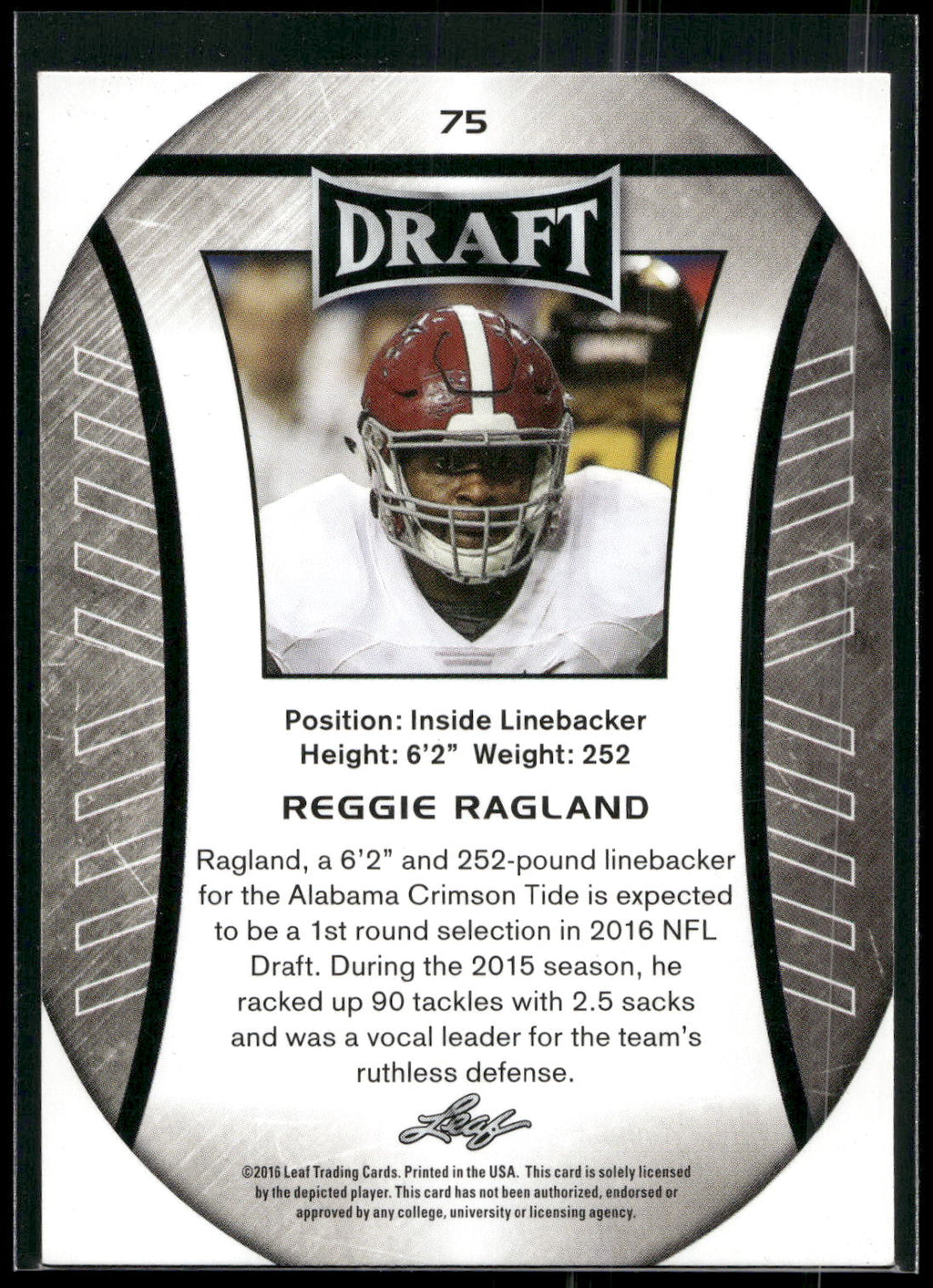 2016 Leaf Draft #75 Reggie Ragland Gold