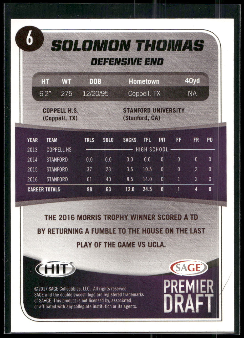 2017 SAGE HIT #6 Solomon Thomas