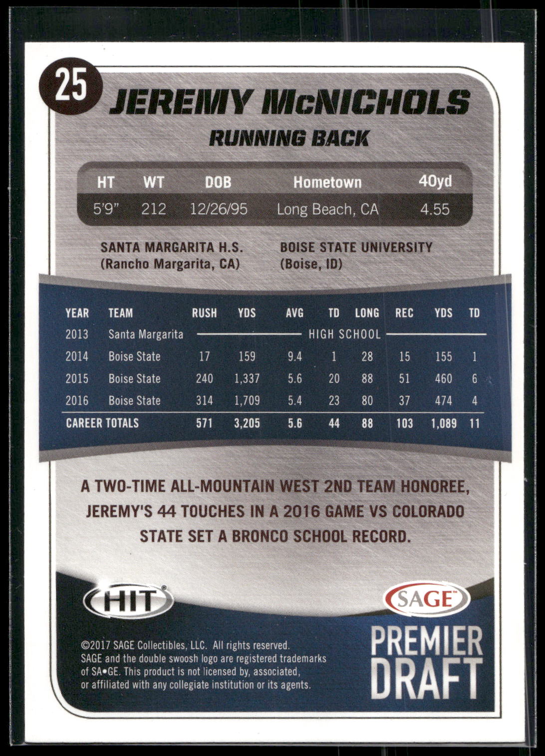 2017 SAGE HIT #92 Jeremy McNichols