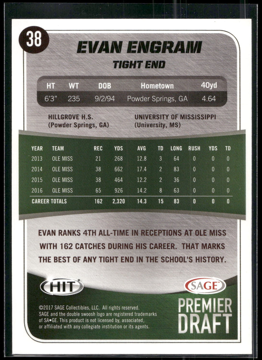 2017 SAGE HIT #38 Evan Engram