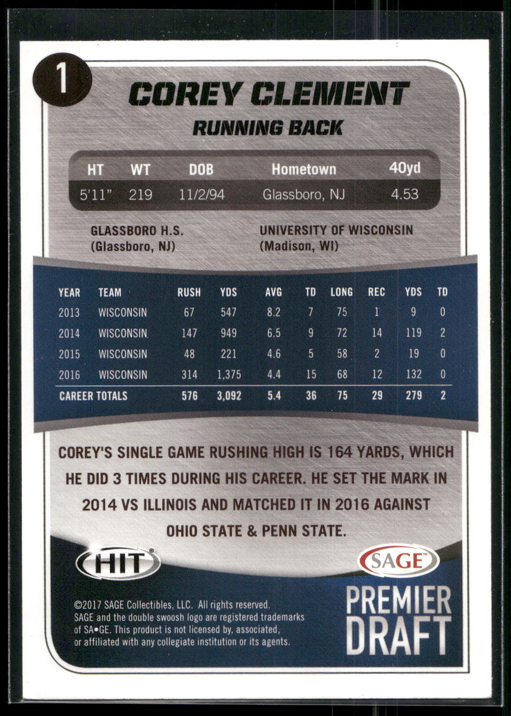 2017 SAGE HIT #1 Corey Clement