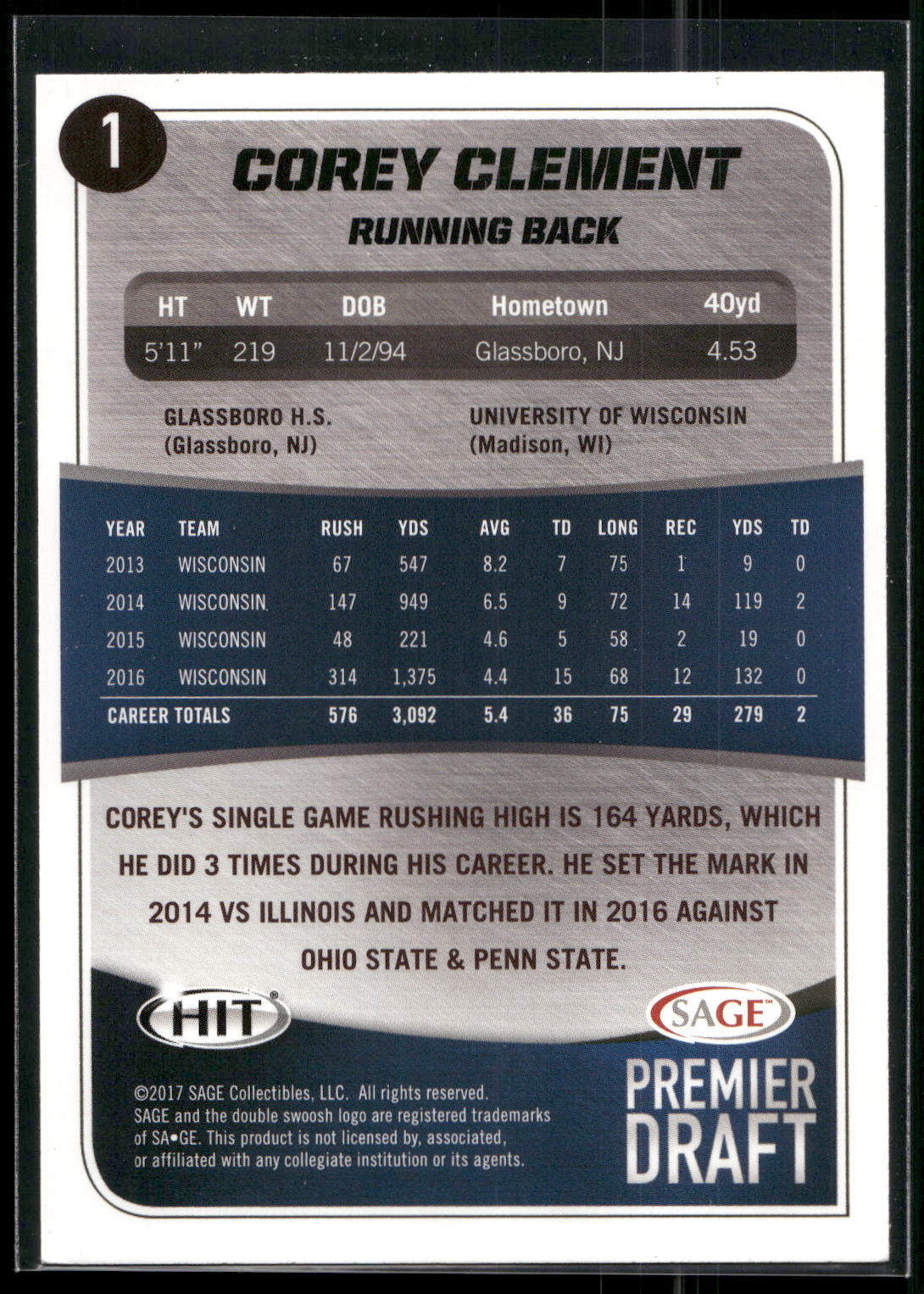 2017 SAGE HIT #1 Corey Clement