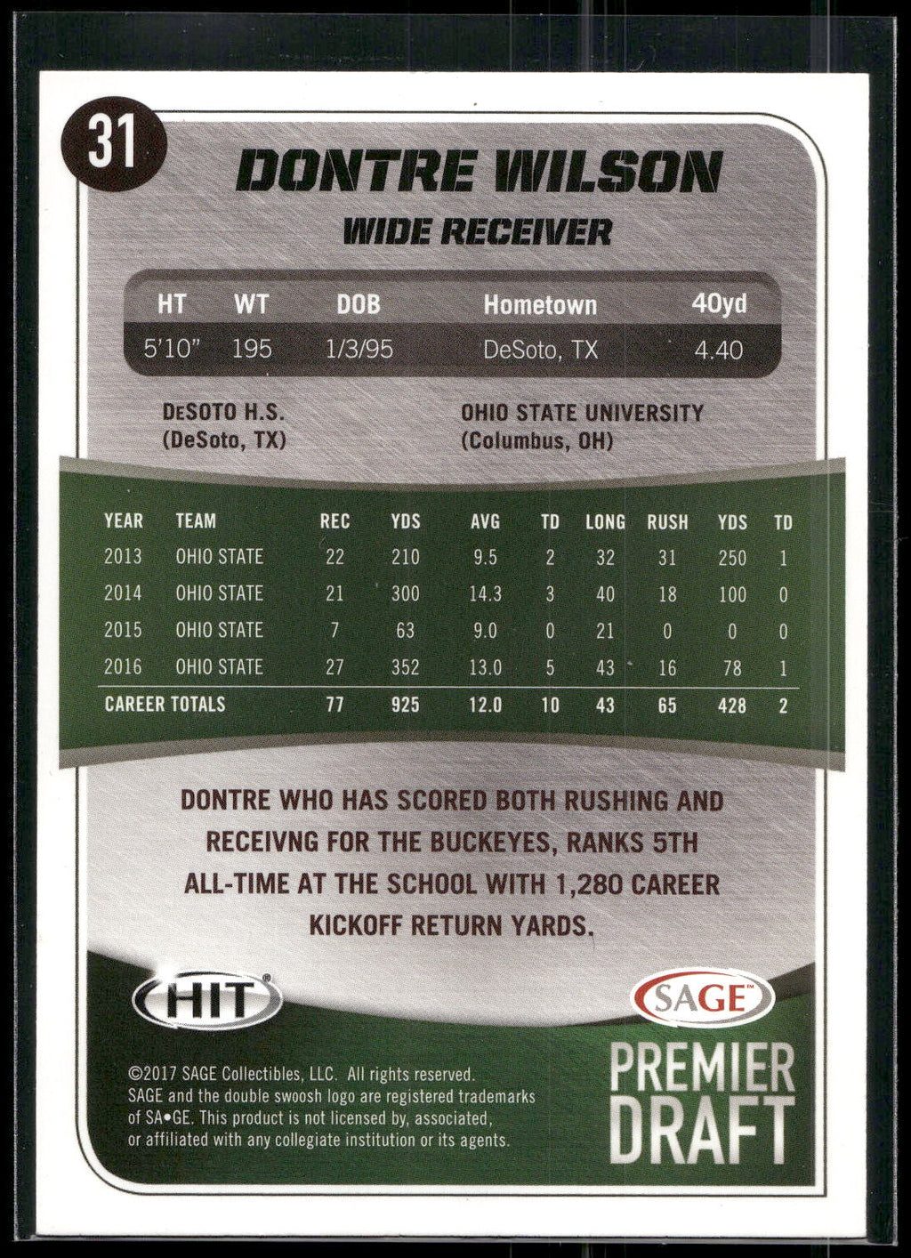 2017 SAGE HIT #31 Dontre Wilson