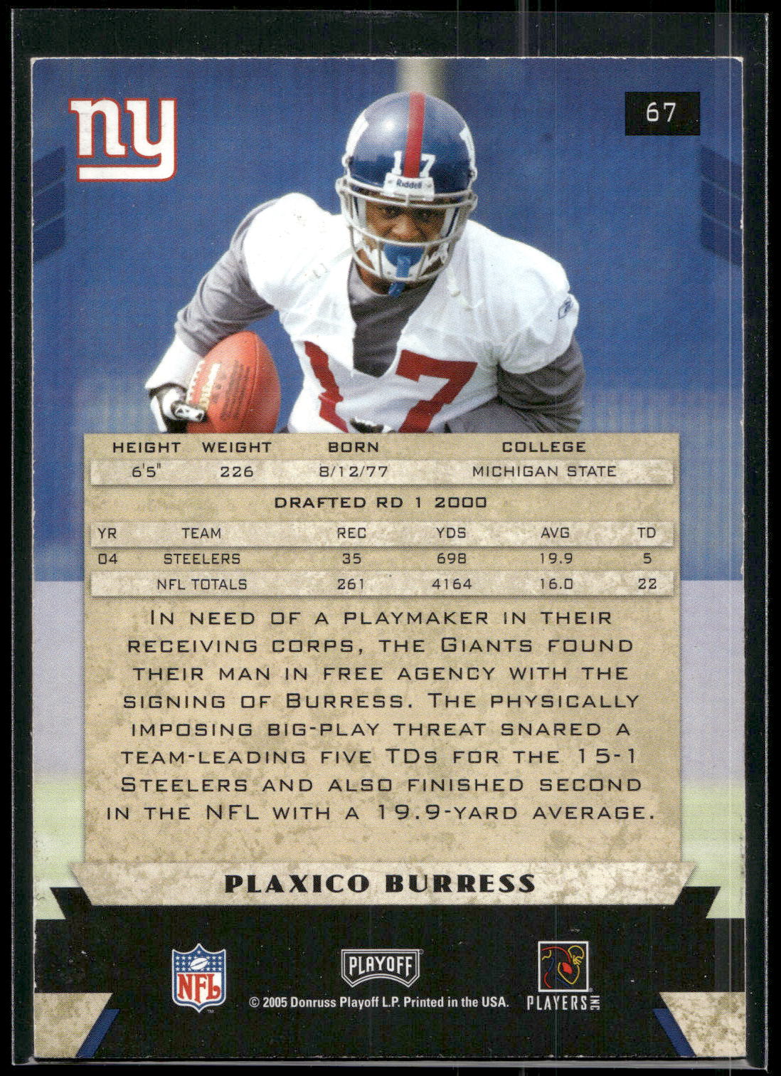 2005 Playoff Honors #67 Plaxico Burress