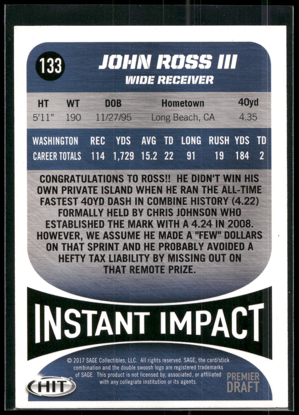 2017 SAGE HIT #133 John Ross III Blue