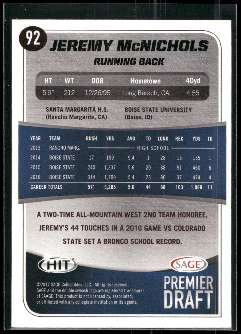 2017 SAGE HIT #25 Jeremy McNichols Blue