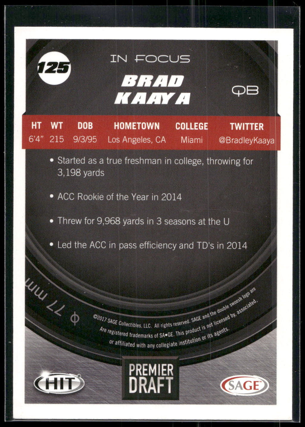 2017 SAGE HIT #125 Brad Kaaya Blue